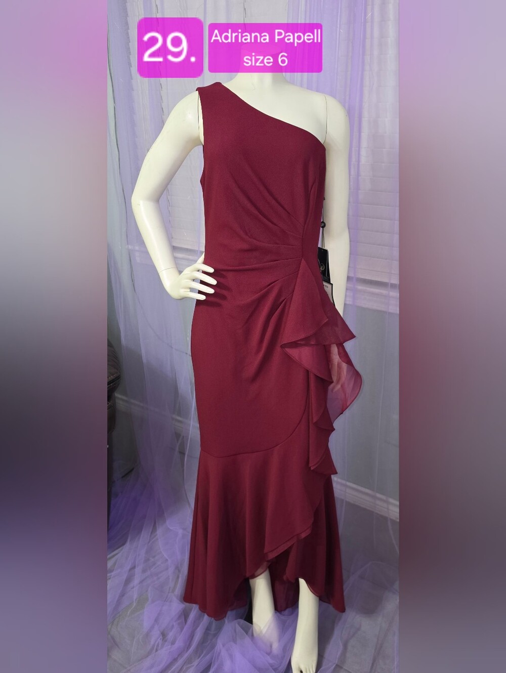 Adrianna Papell One-Shoulder Burgundy Ruffle Elegant Dress